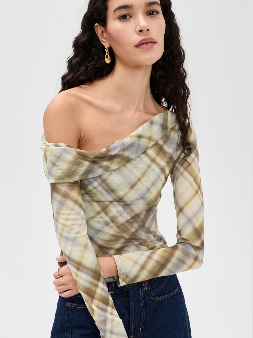 REFORMATION ELIO TOP Off-Shoulder Plaid Long-Sleeve Top in Olive and Cream